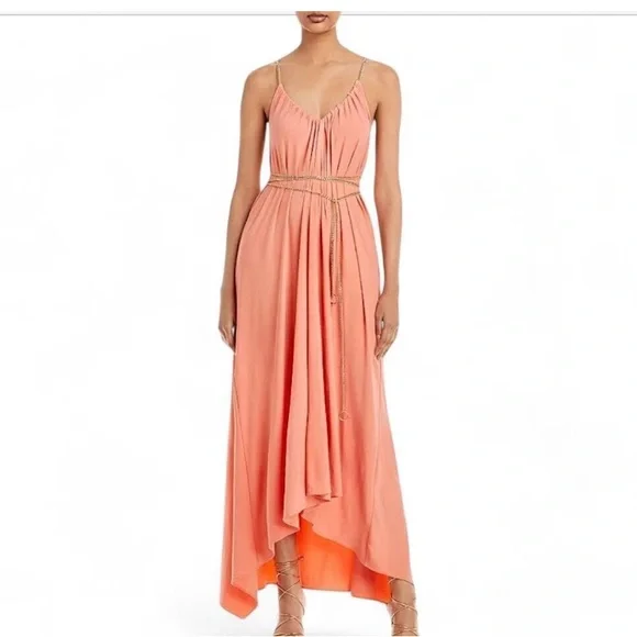 Ramy Brook | Dresses | Ramy Brook Ryder Coral High Low With Gold Chain  Halter Sleeves And Belt Dress | Poshmark